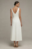 Satin A Line White V Neck Midi Engagement Dress