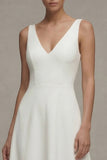 Satin A Line White V Neck Midi Engagement Dress