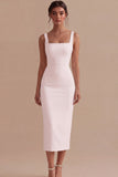 Satin White Bodycon Midi Engagement Dress with Slit