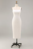 Satin White Bodycon Midi Engagement Dress with Slit