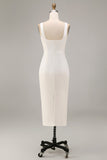 Satin White Bodycon Midi Engagement Dress with Slit