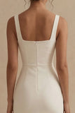 Satin White Bodycon Midi Engagement Dress with Slit
