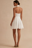 Halter A Line White Mini Bridal Shower Dress with Pearls
