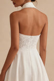 Halter A Line White Mini Bridal Shower Dress with Pearls
