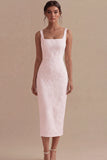 Jacquard Bodycon White Midi Engagement Dress with Slit
