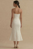 Jacquard Strapless Mermaid White Midi Engagement Dress