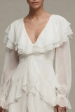 Long Sleeve Ruffled A Line Mini White Dress