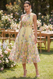 Floral Yellow One Shoulder A Line Midi Wedding Guest Dress