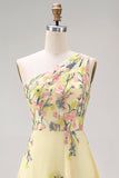 Floral Yellow One Shoulder A Line Midi Wedding Guest Dress