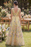 Floral Yellow V Neck A Line Maxi Wedding Guest Dress