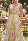 Floral Yellow V Neck A Line Maxi Wedding Guest Dress