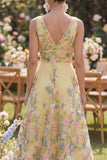 Floral Yellow V Neck A Line Maxi Wedding Guest Dress