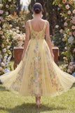 Floral Yellow A Line Embroidered Wedding Guest Dress