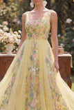Floral Yellow A Line Embroidered Wedding Guest Dress