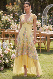 Floral Yellow A Line V Neck Wedding Guest Dress with Cap Sleeves