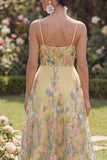 Floral Yellow A Line Embroidered Midi Wedding Guest Dress