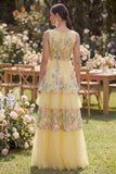 Floral Yellow Tulle Tiered V Neck Embroidered Wedding Guest Dress