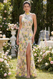 Halter Mermaid Floral Champagne Maxi Wedding Guest Dress