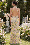 Halter Mermaid Floral Champagne Maxi Wedding Guest Dress