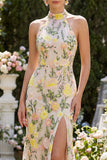 Halter Mermaid Floral Champagne Maxi Wedding Guest Dress