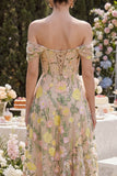 Off the Shoulder Corset A Line Floral Champagne Wedding Guest Dress