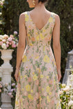 Floral A Line Champagne Midi Wedding Guest Dress