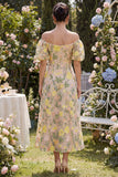 Champagne Off the Shoulder Floral A Line Wedding Guest Dress