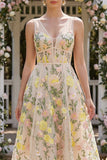 Champagne Floral A Line Corset Midi Wedding Guest Dress