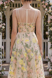 Champagne Floral A Line Corset Midi Wedding Guest Dress