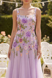 Lilac Embroidered Floral A Line Tulle Wedding Guest Dress