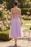 Strapless Floral Lilac Embroidered A Line Wedding Guest Dress