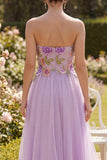 Strapless Floral Lilac Embroidered A Line Wedding Guest Dress