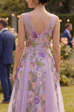 Embroidered Floral Lilac A Line V Neck Wedding Guest Dress