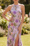Halter Embroidered Floral Lilac Wedding Guest Dress with Slit