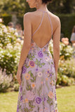 Halter Embroidered Floral Lilac Wedding Guest Dress with Slit