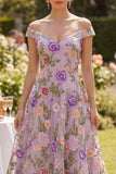 Off the Shoulder A Line Embroidered Floral Lilac Wedding Guest Dress