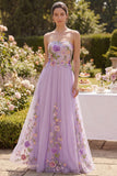 Strapless Floral Lilac A Line Embroidered Maxi Wedding Guest Dress