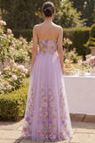 Strapless Floral Lilac A Line Embroidered Maxi Wedding Guest Dress