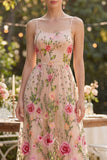Blush Floral A Line Embroidered Maxi Wedding Guest Dress