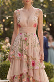 Tiered Blush Floral A Line High Low Wedding Guest Dress