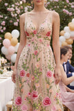 A Line Blush Floral V Neck Ruched Midi Wedding Guest Dress