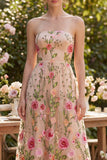 Strapless A Line Blush Floral Midi Wedding Guest Dress