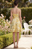 A Line Printed Yellow Ruched Ruffled Wedding Guest Dress with Bow