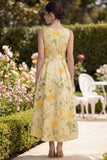 A Line Printed Yellow Bowed V Neck Wedding Guest Dress