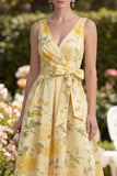A Line Printed Yellow Bowed V Neck Wedding Guest Dress