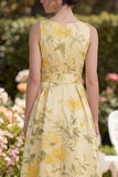 A Line Printed Yellow Bowed V Neck Wedding Guest Dress