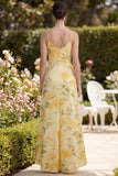 Printed A Line Yellow High Low Ruched Wedding Guest Dress