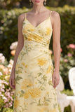 Printed A Line Yellow High Low Ruched Wedding Guest Dress