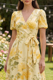 Yellow Printed A Line Bowed Wedding Guest Dress with Ruffles