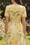Yellow Printed A Line Bowed Wedding Guest Dress with Ruffles